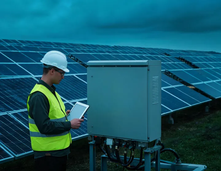 Solar project engineer reviewing an inverter installation